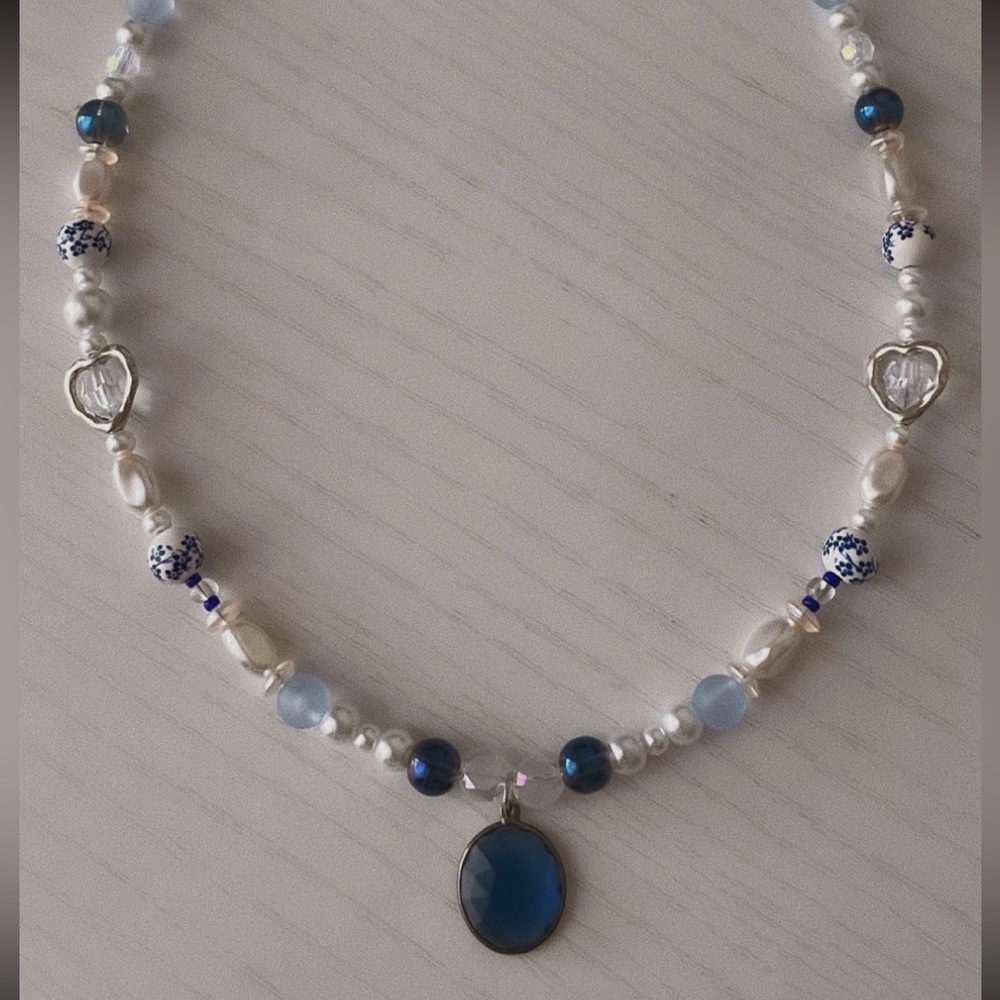 blue and white handmade necklace